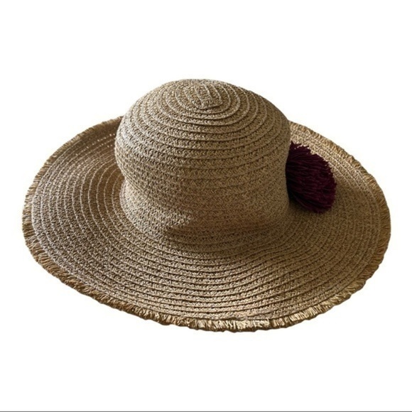 Women Straw Packable Floppy Fringe Natural Summer Hat With Pink Pom Pom - Picture 6 of 7